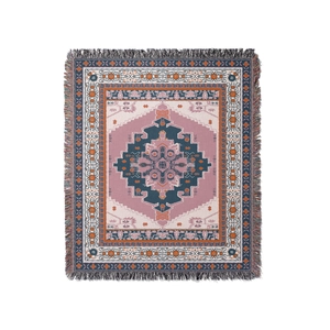 Bohemian woven blanket with geometric mandala patterns and colorful tassel edges
