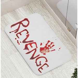 Halloween bloody handprint revenge bath mat on wooden floor near glass shower