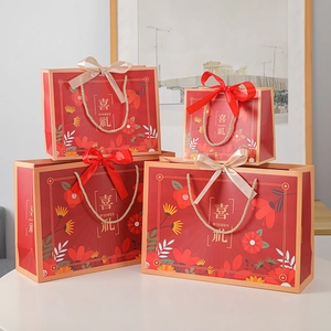 Wedding Gift Bags Red White Cardboard With Ribbon Bow Gold Handle For Festival Candy Birthday Party Favors Floral Wishes