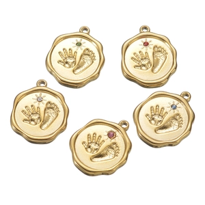 Baby Handprint Footprint Pendant Stainless Steel Zircon Sun Motif Irregular Round Gold Plated DIY Jewelry Charm