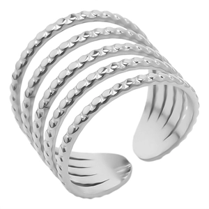 Detail of multi-layer silver stainless steel ring with beaded texture and open design