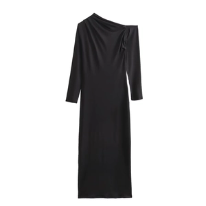One Shoulder Ruched Maxi Dress Asymmetric Long Sleeve Bodycon Polyester Sexy Elegant Solid Color Fashion Women