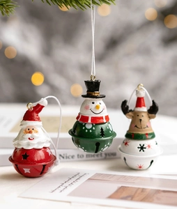 Macro view of Christmas bell ornaments with Santa, Snowman and Reindeer figurines