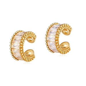 Elegant 18K gold plated C-shaped ear cuff with zircon inlay and beaded edge details