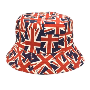 Detailed view of the double-sided bucket hat with Union Jack flag print and stitching