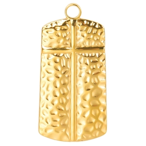 Close-up of golden hammered rectangle pendant featuring a central embossed cross