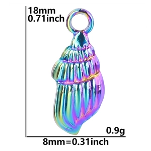 Detailed view of rainbow conch shell steel pendant with 18mm height measurements