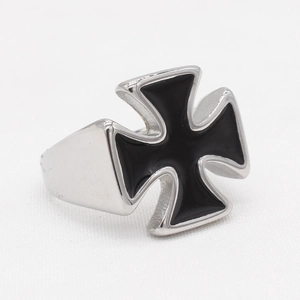 Mens stainless steel iron cross ring with black enamel inlay in punk gothic style