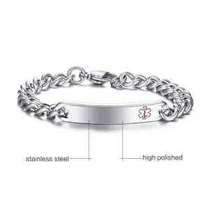 Bracciale di allerta medica in acciaio inossidabile lucido con simbolo rosso stella della vita