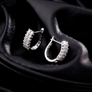 Luxurious S925 sterling silver U-shape hoop earrings with double row zircon crystals