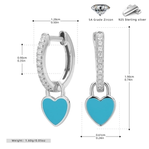 Detailed size specifications for 925 sterling silver hoop earrings with blue enamel hearts