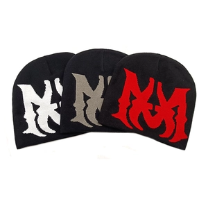 Three trendy black beanies with gothic letter patterns in white, gray, and red
