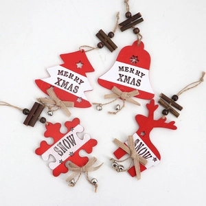 Christmas Wooden Elk Pendant Red White Reindeer Hanging Ornament With Bells Hemp Rope For Xmas Tree Door Home Decor