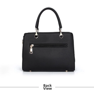 Detailed back view of a black faux leather handbag featuring a secure zipper pocket
