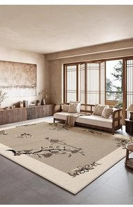 Detail of New Chinese style silver sand rug with black plum blossom and bird patterns