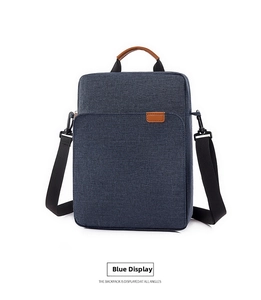 Close-up of blue oxford fabric and brown leather handle on men's laptop briefcase