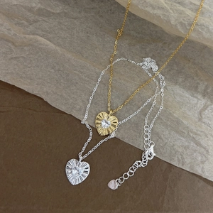 French Vintage 925 Sterling Silver Heart Necklace For Women Elegant Folded Texture Rhinestone Pendant Clavicle Chain Jewelry Gift
