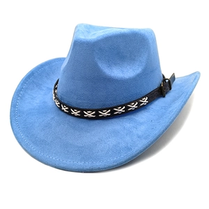 Close-up of sky blue faux suede cowboy hat with black leather band and white stitching