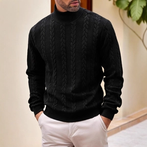 Men's stylish black turtleneck knit sweater with classic cable texture pattern