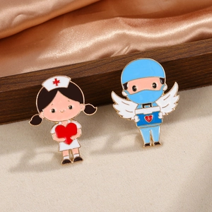 Medical enamel pins set with nurse and doctor angels on elegant silk background