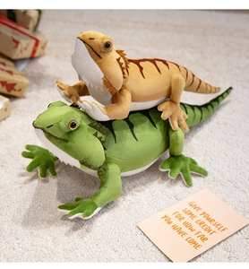 Detail of green and brown plush bearded dragon lizard toys on soft beige carpet