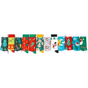 Detailed lineup of twelve pairs of Christmas socks with diverse holiday patterns and colors