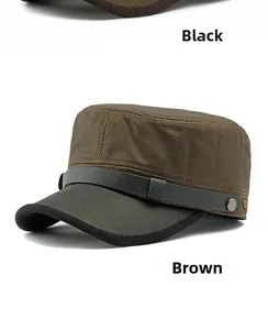 Close-up of flat top military caps in black and brown with side buttons and straps