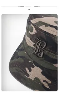 Detail view of the camouflage military cap showing premium cotton fabric and B embroidery