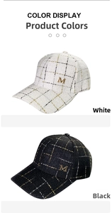 Detail of tweed baseball cap with M logo in white and black checkered patterns