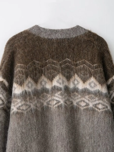 Detail of Fair Isle jacquard knit sweater with fuzzy mohair texture and ribbed neckline