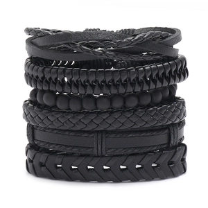 Retro Men Multilayer Bracelets Woven Faux Leather Hemp Rope Wax Cord Adjustable Handmade Vintage Casual Jewelry