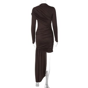 Detail view of dark coffee ruched dress featuring long sleeves and asymmetric hem