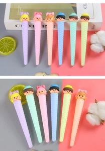 Detailed view of six colorful ice cream cone pens with creative cartoon designs