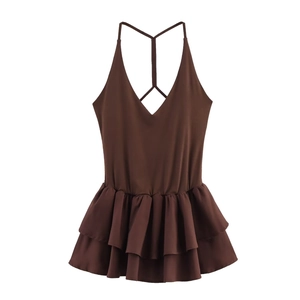 Dark brown backless halter top with double-layer ruffled hem and Y-shaped cross straps