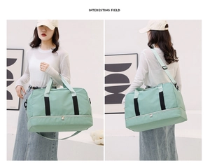 Detail of mint green gym bag with wet/dry separation and adjustable strap.