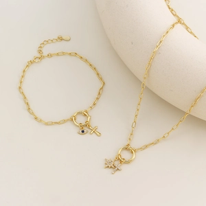 Golden paperclip chain jewelry set with cross and evil eye pendants in s925 silver