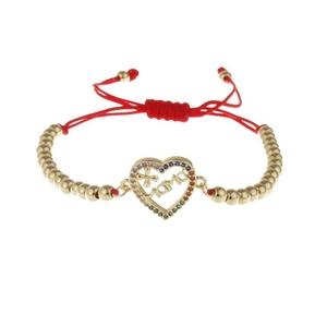 Red braided MAMA bracelet with 18K gold-plated heart pendant and colorful zircons