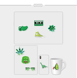 Detail of green VSCO stickers applied on mobile phone case and ceramic mug surface