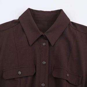Fashionable dark brown button-down shirt dress with waist belt and chest pockets