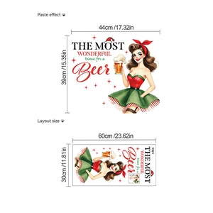 Detaillierte Größenangaben für das Layout des Vintage-Bier-Mädchen-Weihnachtswandstickers