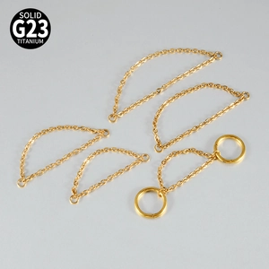 Solid G23 titanium gold nose stud chain set with double layered chain and zircon ring