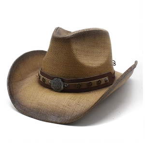 Vintage Western Cowboy Straw Hat With Leather Band Metal Buckle Wide Brim Sun Protection Breathable Beach For Men Women