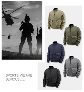 Detail of multi-pocket tactical flight jackets in five colors with ribbed cuffs and collar