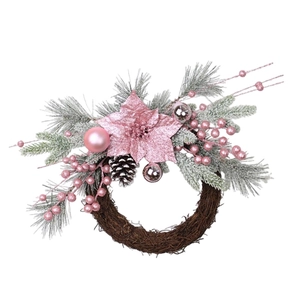 Pink Christmas wreath with berries, pine cones and artificial flowers on white background