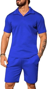 Herren Freizeit-Set in Blau mit Rautenmuster-Strick, Polo-Kragen und kurzer Hose