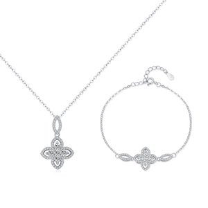 Luxurious S925 sterling silver necklace and bracelet set with sparkling floral charms