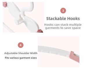 Detail showing space-saving stackable hooks and adjustable shoulder width on child hangers