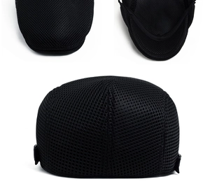 Detailed close-up of breathable black mesh texture and stitching on summer beret cap