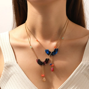 Bohemian Pendant Necklace For Women 18K Gold Plated Stainless Steel Arch Resin Marble Detail With Colorful Bead Tassels