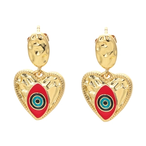 18K gold plated heart evil eye earrings with colorful enamel and hammered metal texture